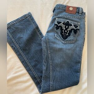 Antik Denim Western Flare Leg Velvet Pocket Appliqué Dark Wash Jeans